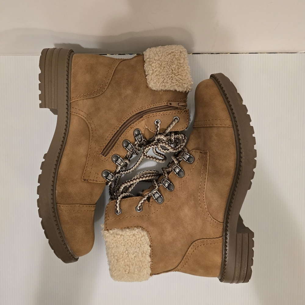 REPORT Camel Brown Combat Boot Faux Fur Detail Lace Up & Zipper Closure Size 9.5 - Picture 13 of 17